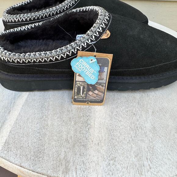 Lamo Womens Size 12 Suede Slippers Black Cirrus Footbed Cozy Fur Lined Slip-On - Picture 12 of 12